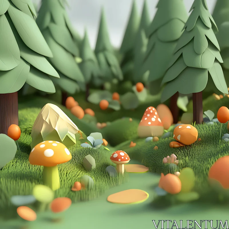 Whimsical Forest Scene with Colorful Mushrooms AI Image