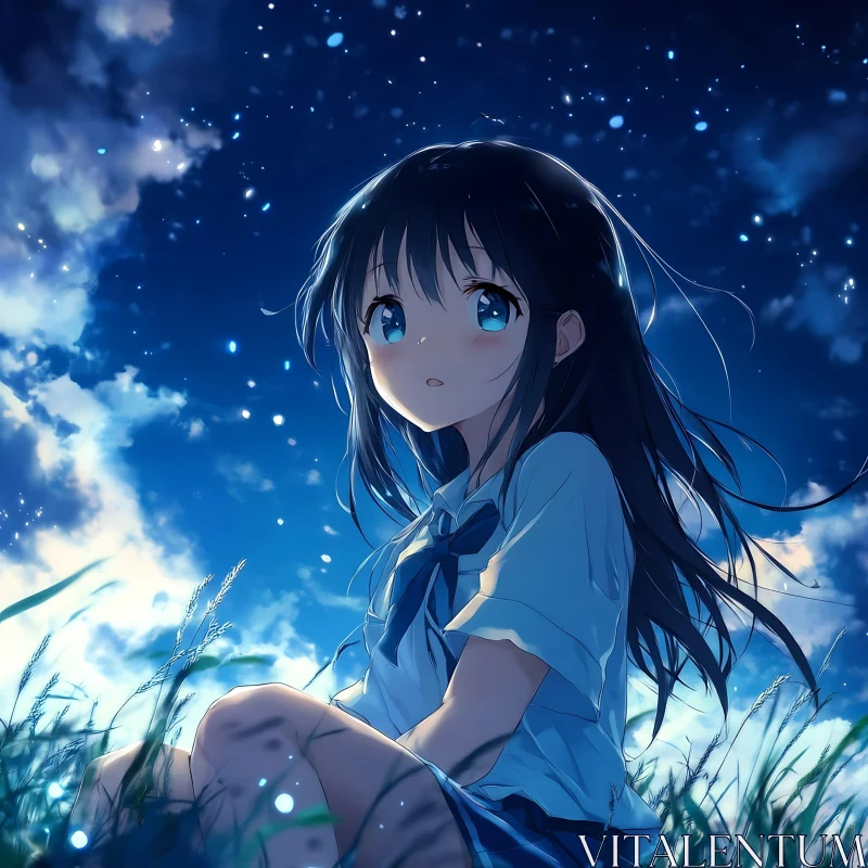 Anime Girl in Grass Field by Moonlight AI Image