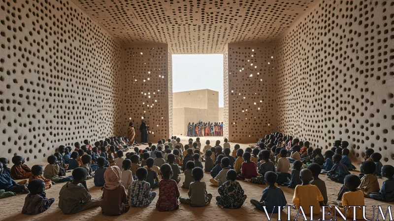 Innovative Architectural Design with Children Gathered AI Image