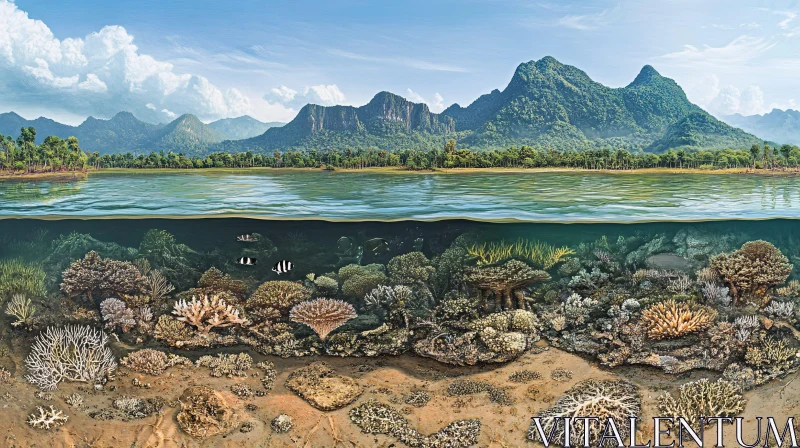 AI ART Oceanic Vista: Coral Reef and Mountains