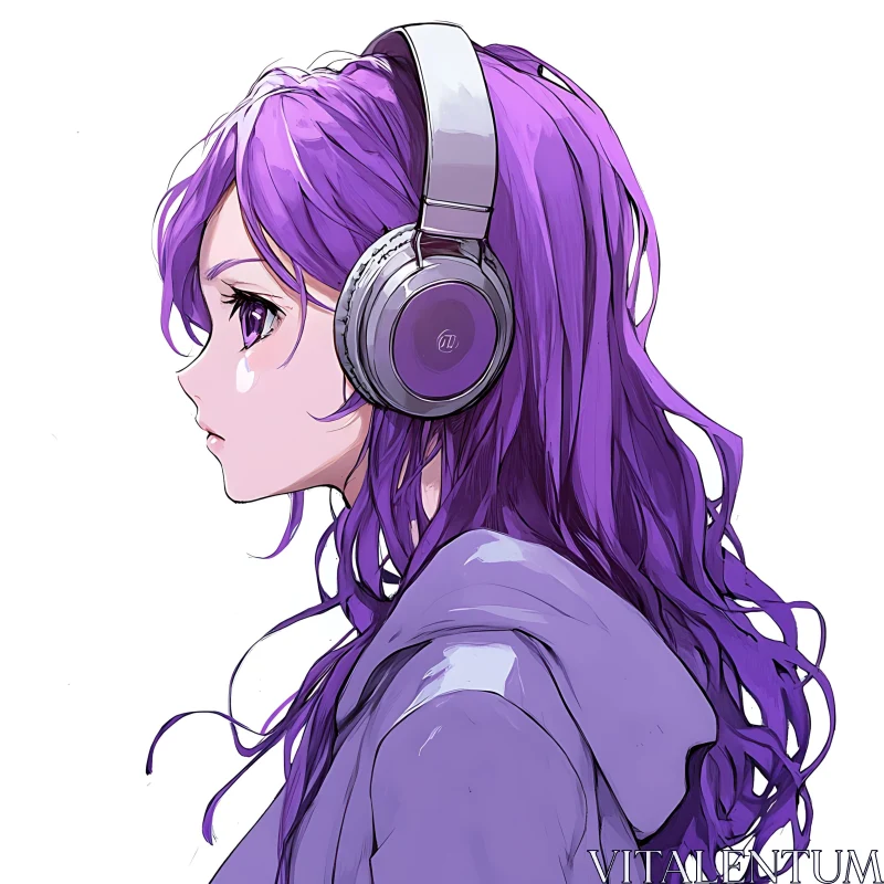 Purple-Haired Anime Girl with Headphones AI Image