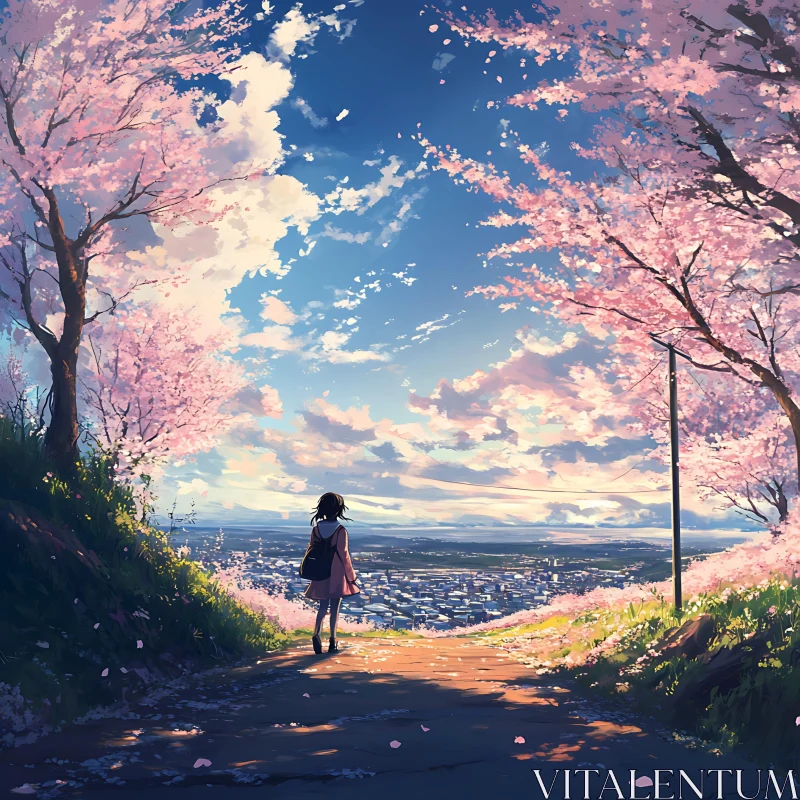 Girl beneath Blossoming Trees at Dusk AI Image