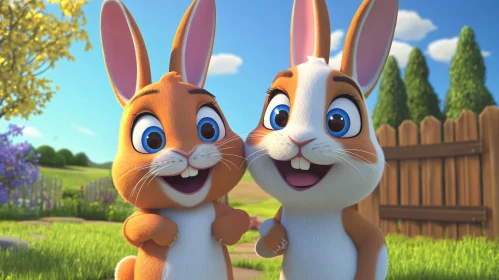 Two Happy Cartoon Rabbits Portrait