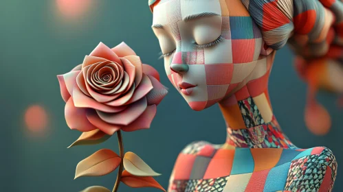 Abstract Patchwork Figure with Rose