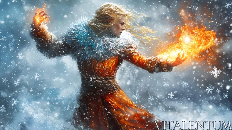 Woman with Fire in Snowy Landscape AI Image