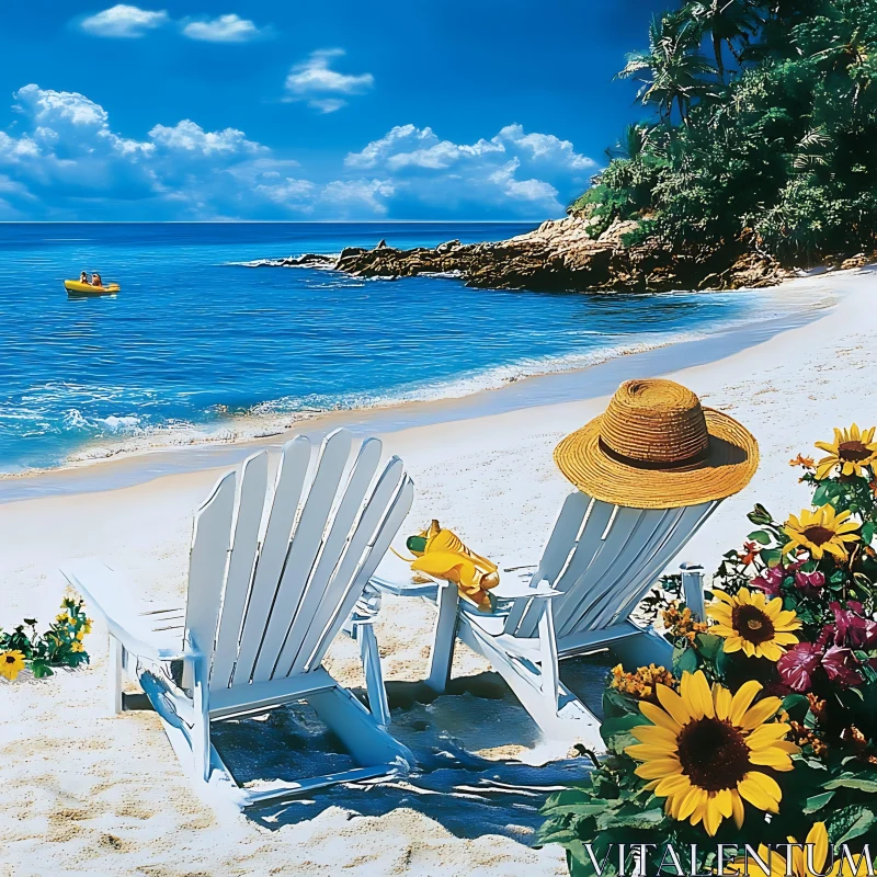 AI ART Tranquil Beach Chairs and Summer Flowers