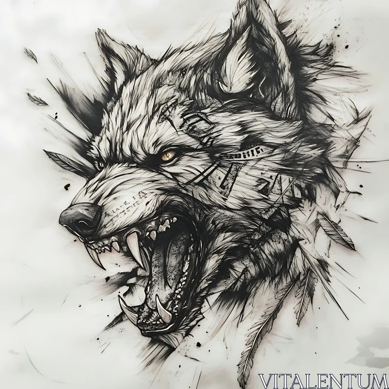 Monochrome Wolf Portrait with Feathers AI Image