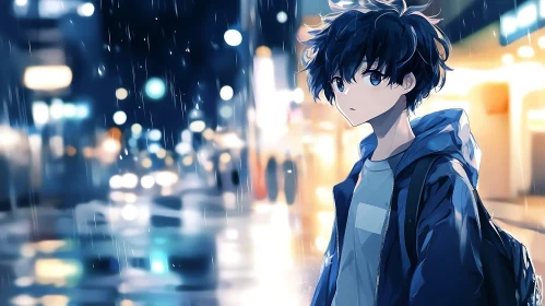 Moody Anime Boy in Night Rain