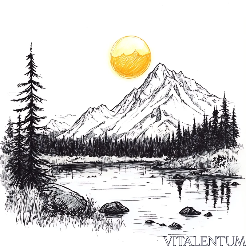 AI ART Ink Drawing of Mountain and Lake