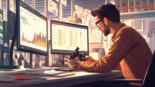 Man Analyzing Data with Microscope