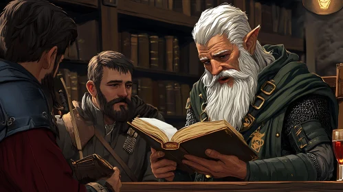 Fantasy Library Scene with Elf and Companions