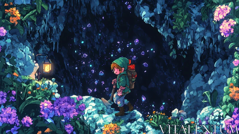 Crystal Cave Explorer: A Pixelated Scene AI Image