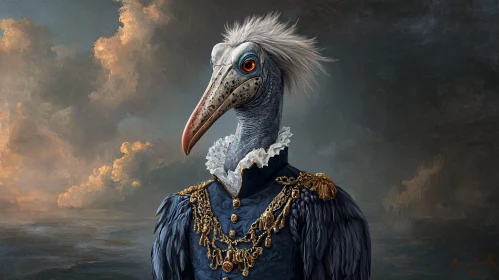 Regal Avian Portrait with Blue Feathers and Gold Chains