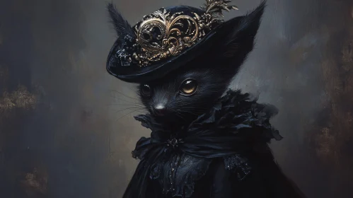 Victorian Black Cat with Ornate Hat