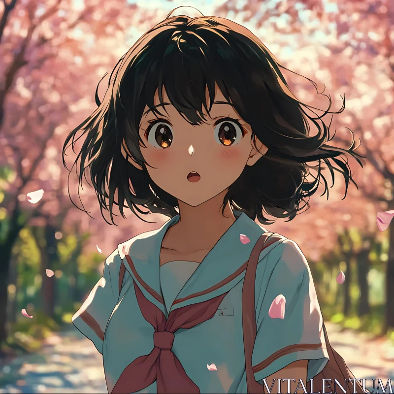 Anime Schoolgirl Under Cherry Blossom Trees AI Image