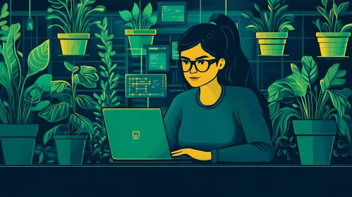 Green Workspace: Woman with Laptop and Plants