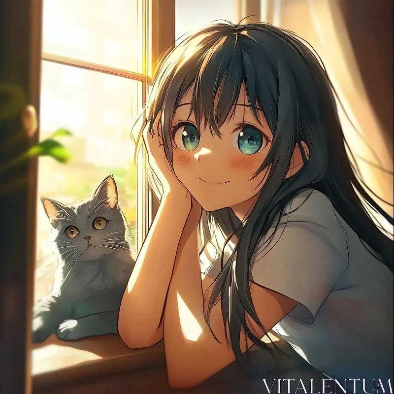 Anime Girl with Cat in Sunlight by the Window AI Image