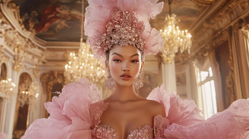 Woman Wearing Beaded Pink Gown in Opulent Ballroom Setting