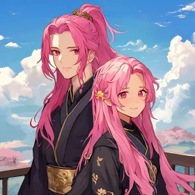 Serene Anime Characters in Traditional Garb with Pink Hair