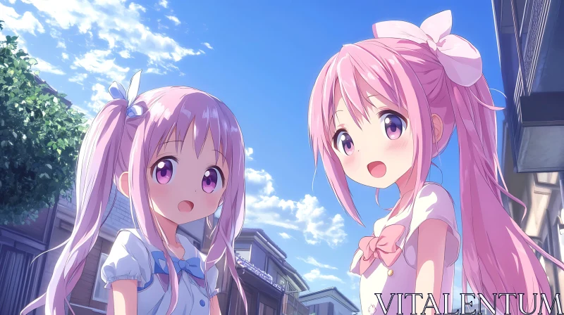 Two Pink-Haired Anime Girls Outdoors AI Image