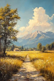 Pathway to Mountain Cottages in Golden Field