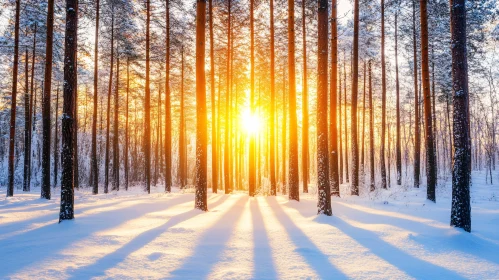 Golden Sunrise Over Snowy Forest