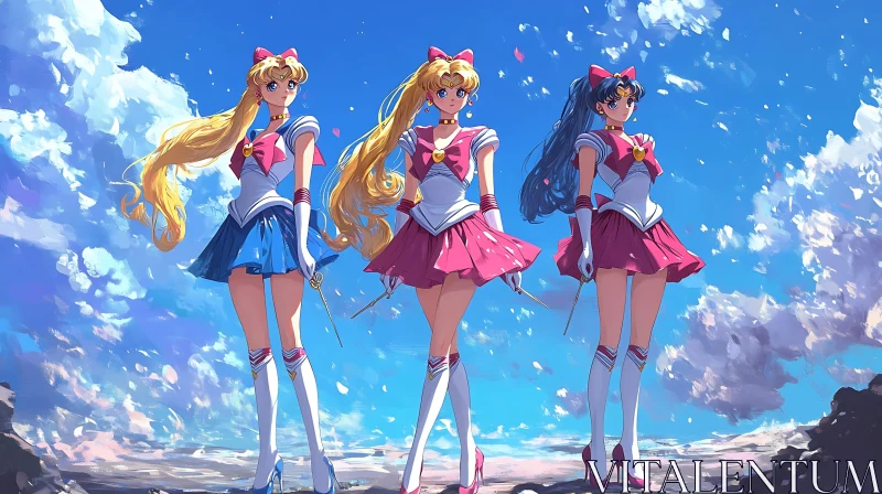 Magical Girl Trio under a Blue Sky AI Image