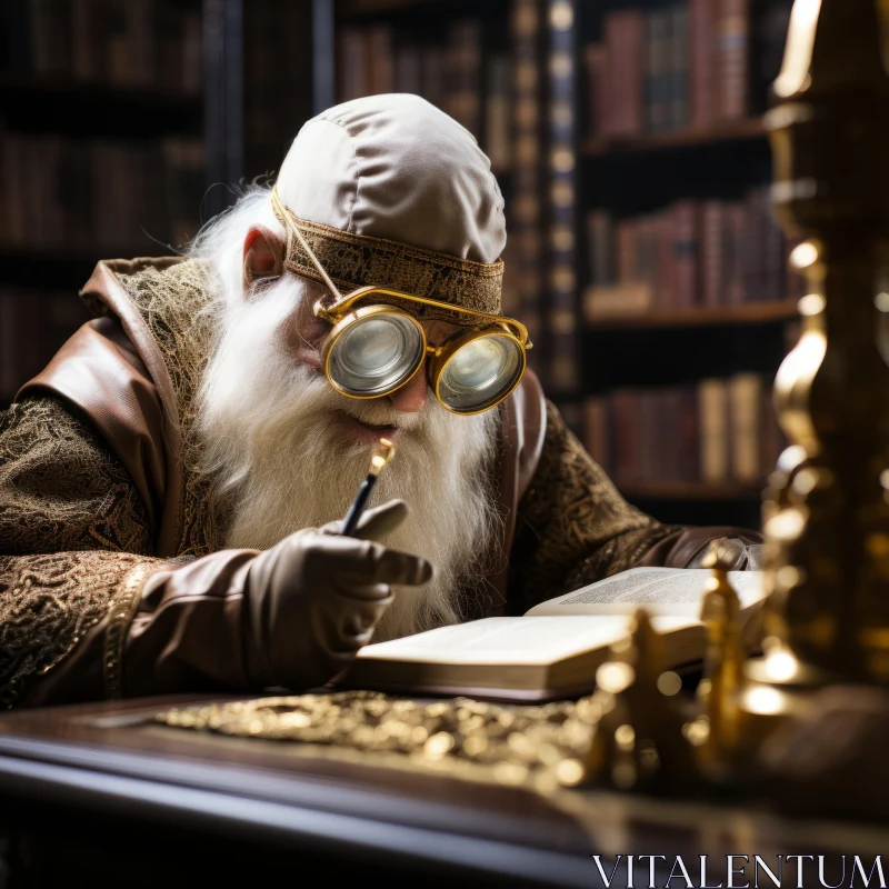 Elderly Wizard Studying an Old Book - A Historical Representation AI Image
