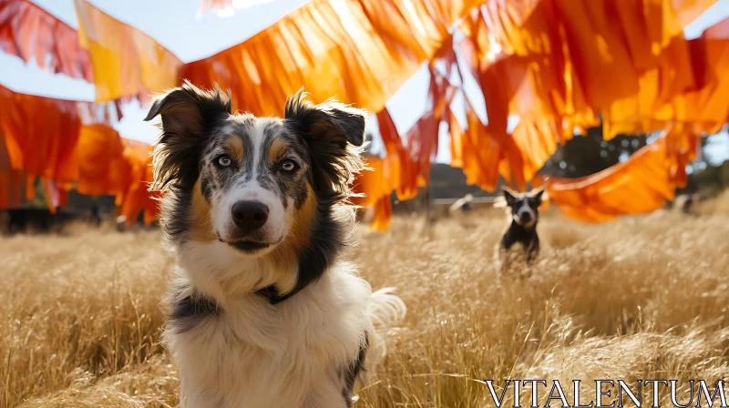 Dogs Enjoying a Bright Day in a Field with Orange Decorations AI Image