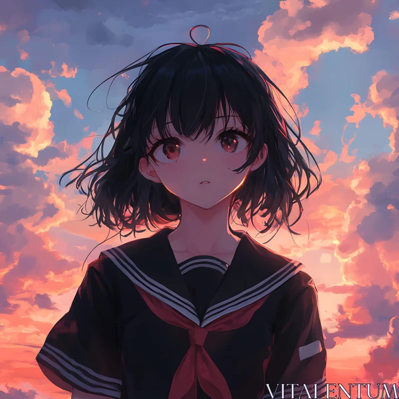 Sunset Sky with Anime School Girl AI Image