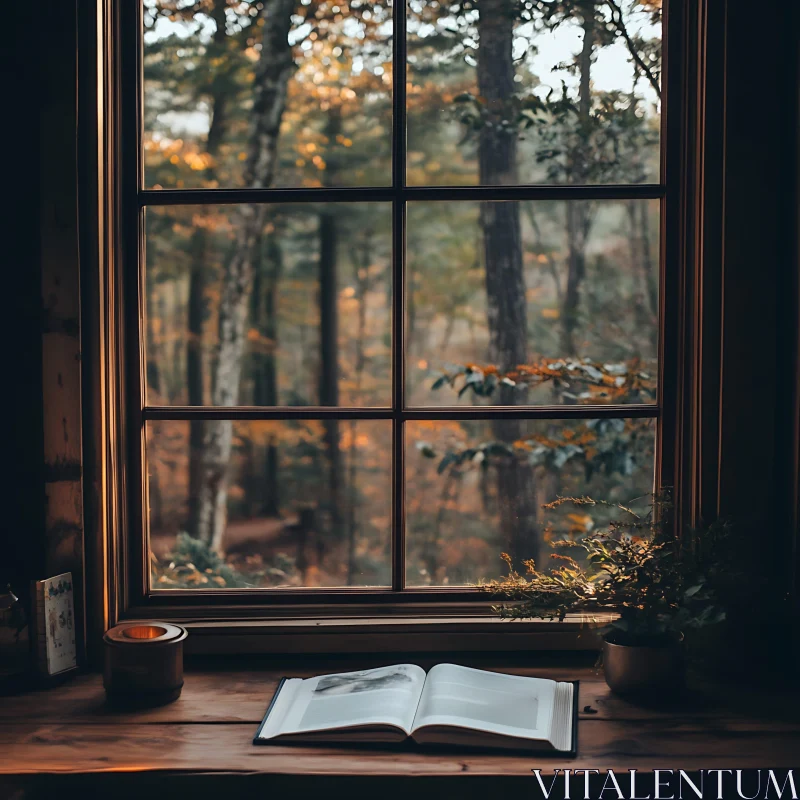 Autumn Forest Seen from a Rustic Cabin AI Image