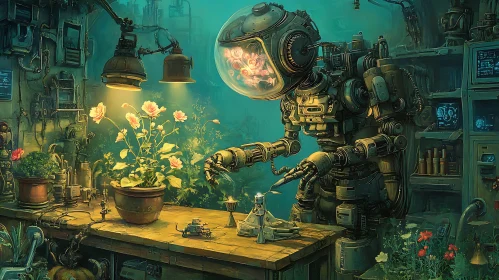 Mechanical Gardener: A Steampunk Botanical Scene