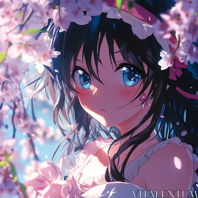 Beautiful Anime Girl in Blooming Cherry Blossoms AI Image