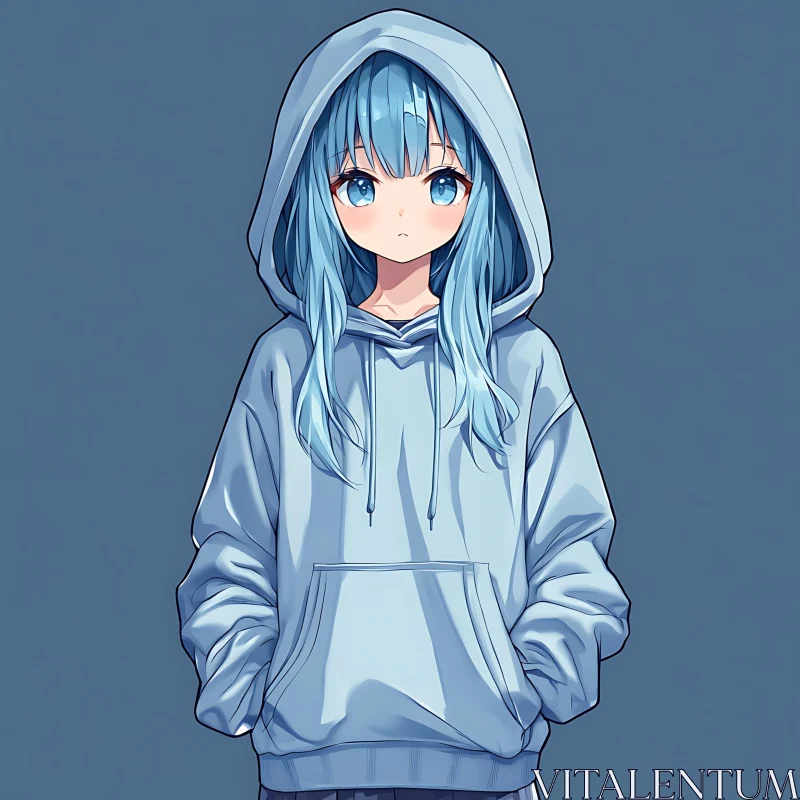 Anime Girl in Light Blue Hoodie AI Image