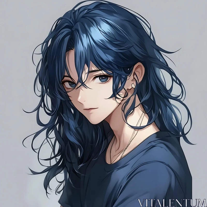 Blue-Haired Anime Boy Portrait AI Image