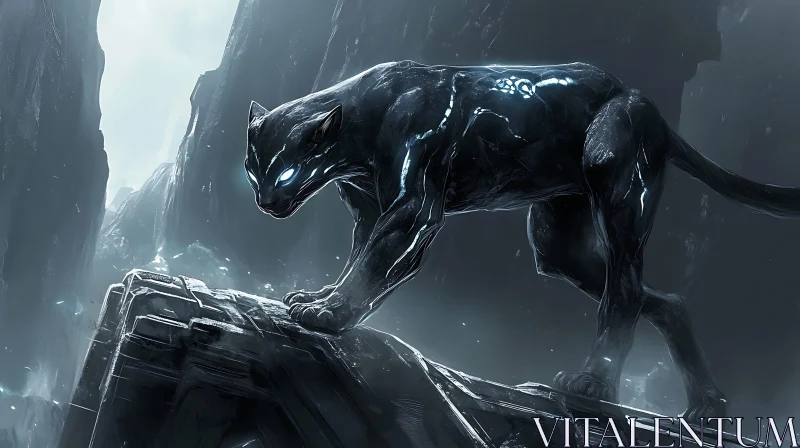 Panther with Glowing Eyes on Stone AI Image