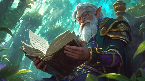 Old Elf Reads Book in Magical Woods