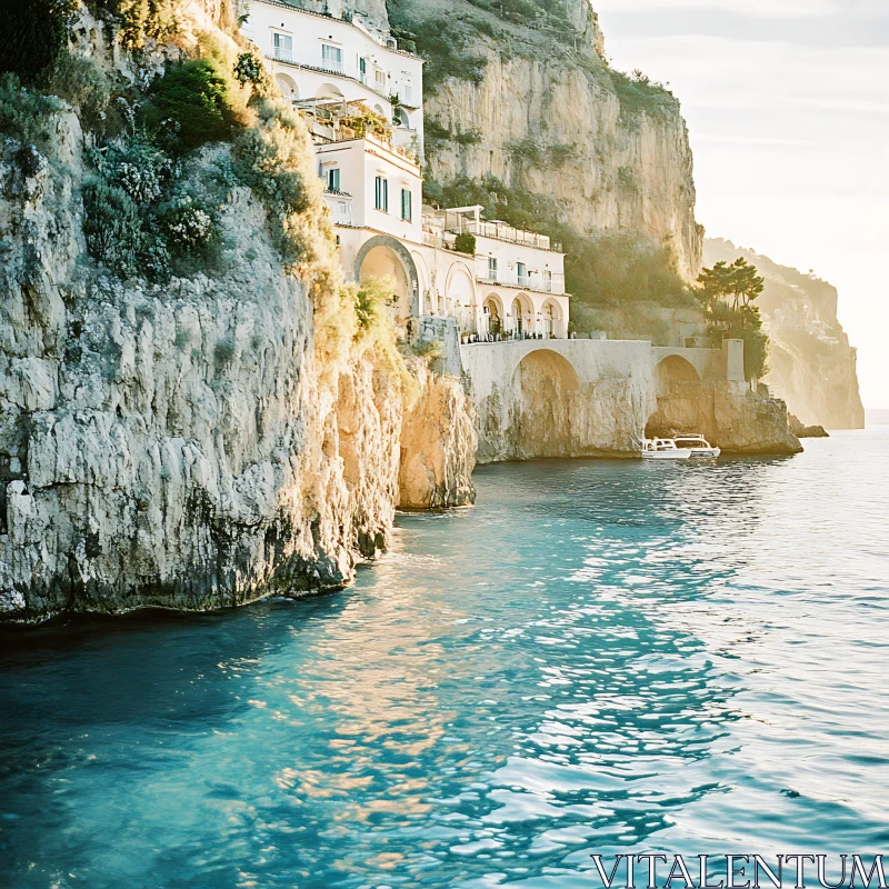 AI ART Seaside Buildings on Cliffs with Azure Water