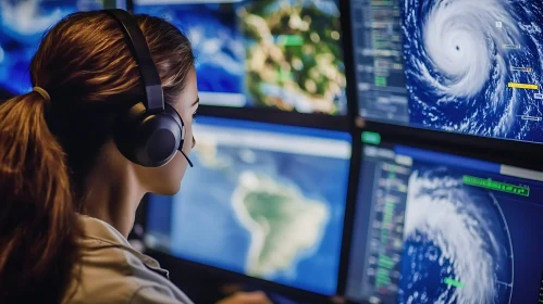 Woman Analyzing Weather Data on Multiple Screens