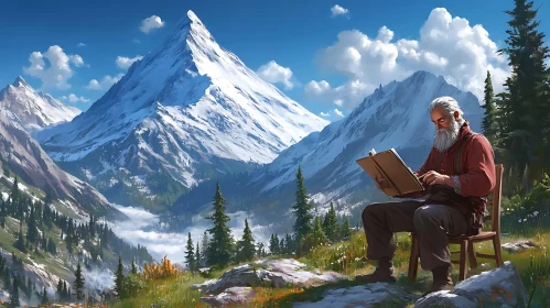 Scenic Mountain Landscape with Reader