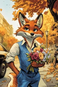 Fox Holding Flowers in a Fall Scenery