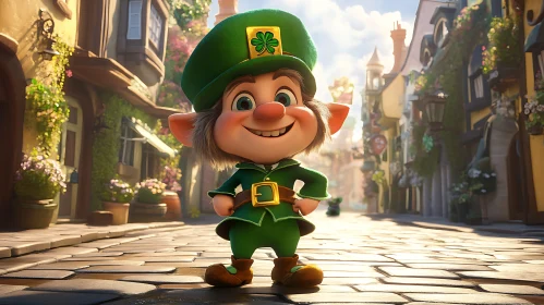 Smiling Leprechaun in Town Illustration