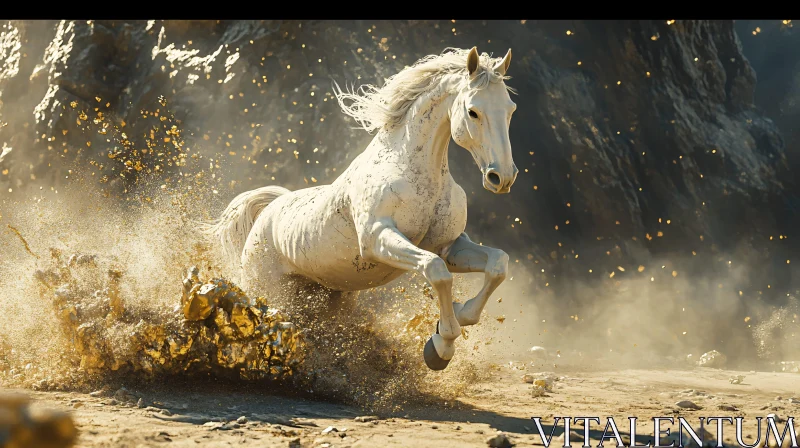 White Horse in Rocky Landscape with Golden Dust Cloud AI Image