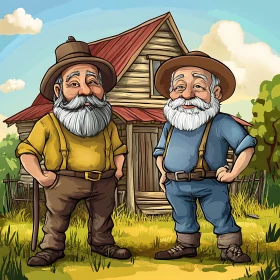 Cartoon Old Men in Rural Scene