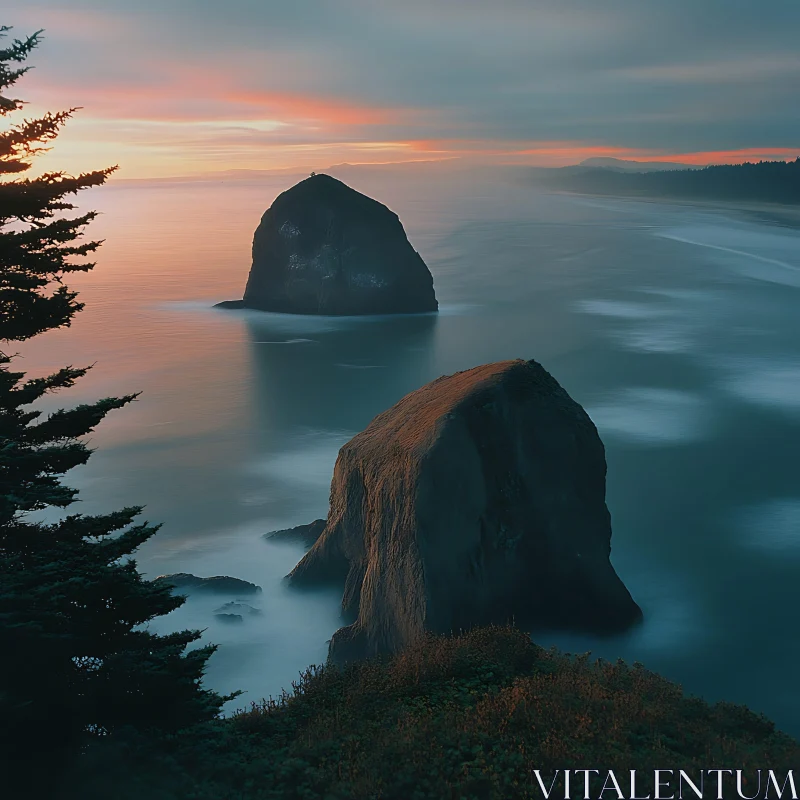 Coastal Evening Scene with Rocks AI Image