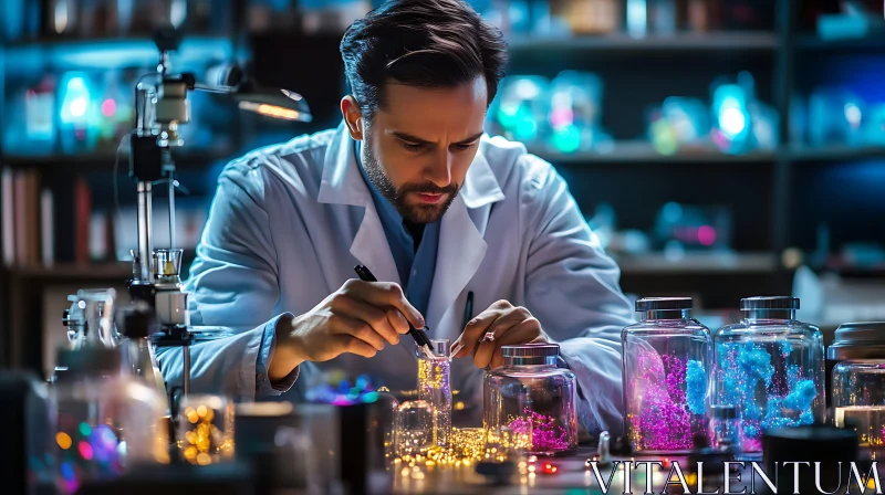 Scientist at Work: A Glowing Laboratory Scene AI Image