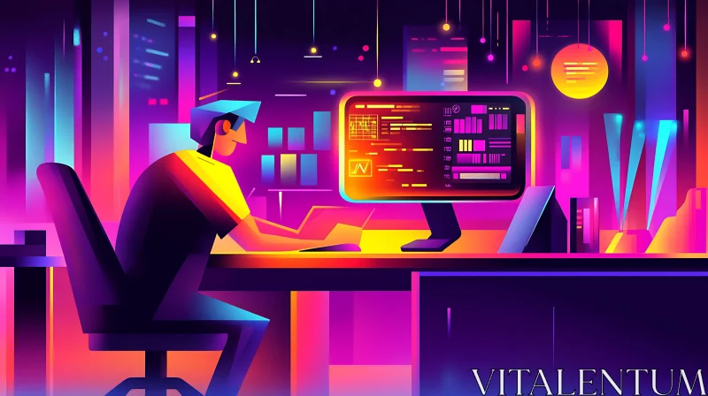 Programmer in Neon Cyberpunk Office AI Image