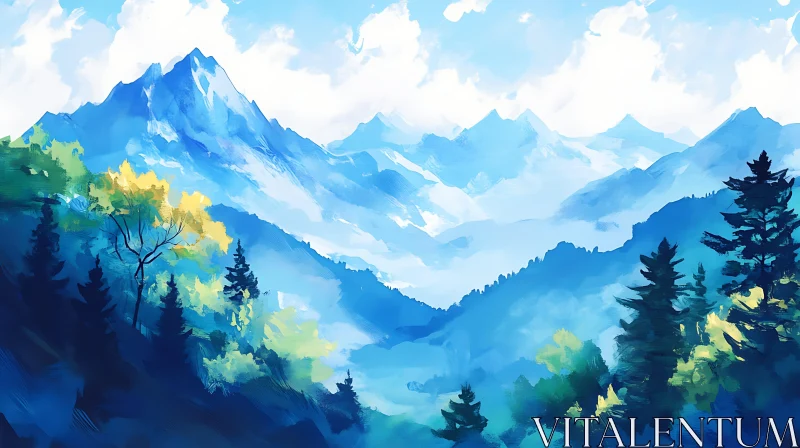 AI ART Blue Mountains and Forest Landscape Art