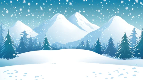 Snowy Mountain Landscape with Evergreen Trees