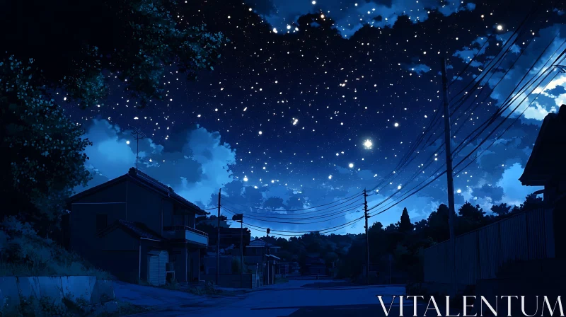 Anime Village at Night with Star-Filled Sky AI Image